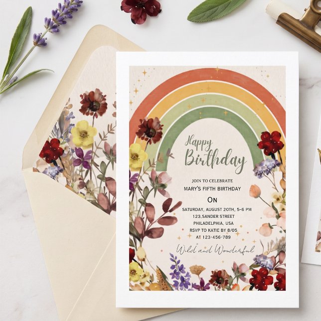 Boho underbar  vild blomster regnbåge födelsedag inbjudningar (Skapare uppladdad)