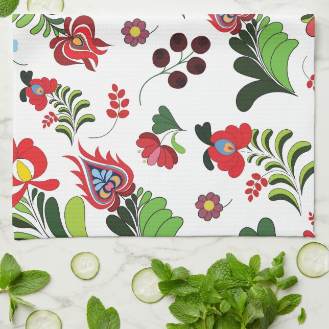 Boho Ungersk Folkblomma Design för Hemmet eller Gå Kökshandduk (Vikta)