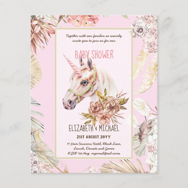BOHO UNICORN Bebis Shower Inbjudningar Akvarell Flygblad (Framsidan)