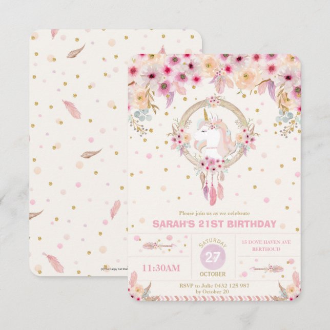 Boho Unicorn Birthday Blommigt Girl 21st Birthday Inbjudningar (Fram/baksida)