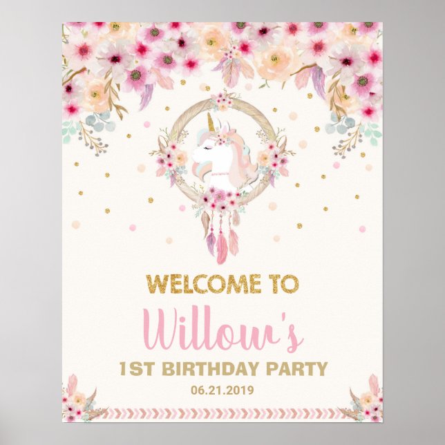 Boho Unicorn Födelsedagsfest Welcome Blommigt Larg Poster (Framsidan)