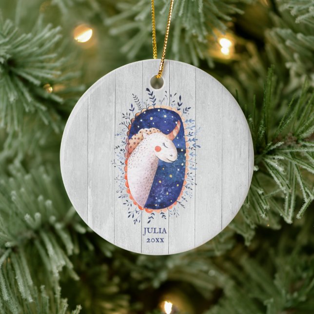 Boho Unicorn Illustration Personlig Girl's Namn Julgransprydnad Keramik (Träd)