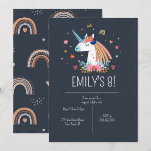 Boho Unicorn Modern Navy Girls Cute Birthday Inbjudningar