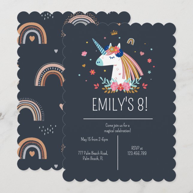 Boho Unicorn Modern Navy Girls Cute Birthday Invit Inbjudningar (Fram/baksida)