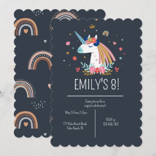 Boho Unicorn Modern Navy Girls Cute Birthday Invit Inbjudningar