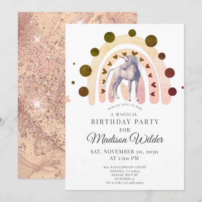 Boho Unicorn Rainbow Girl's Birthday bjudande Inbjudningar (Fram/baksida)
