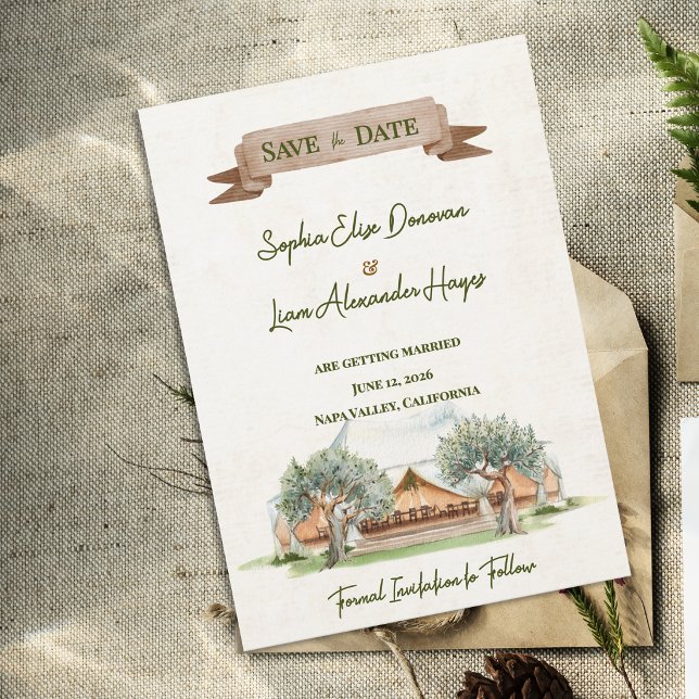 Boho Utomhus Vattenfärg Tält Bröllop Spara Datum Datumet (Boho Outdoor Tent Save the Date Card | Rustic Watercolor Camp Wedding Save the Date)