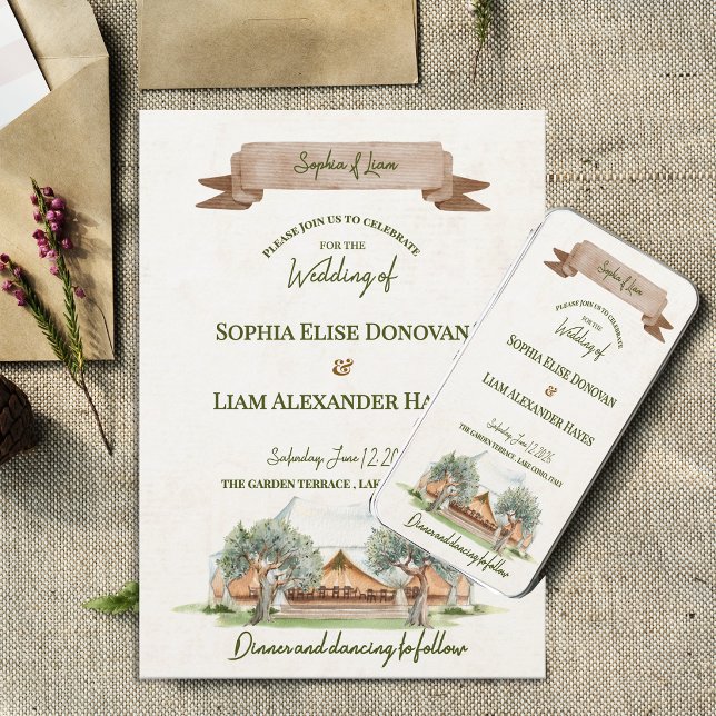 Boho Utomhus Vattenfärg Tältläger Rustik Bröllopsf Inbjudningar (Boho Outdoor Tent Wedding Invitation | Rustic Elegant Watercolor Camp Wedding Invite)