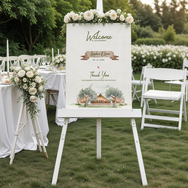 Boho Utomhustält Rustikalt Bröllskap Välkommen Poster ( Boho Outdoor Tent Wedding Welcome Sign | Rustic Watercolor Camp Wedding Welcome Poster Sign)