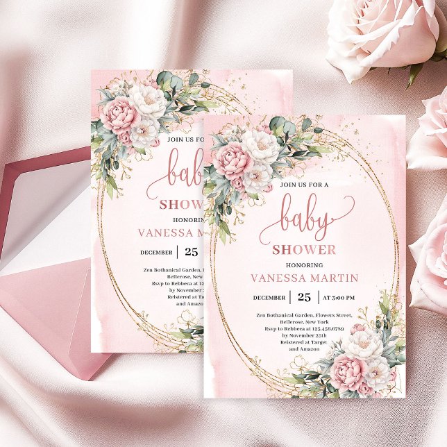 Boho Vacker Röda Kinderskor Floral Greenery Flickb Inbjudningar (Pretty Blush Floral Greenery Girl Baby Shower Invite)