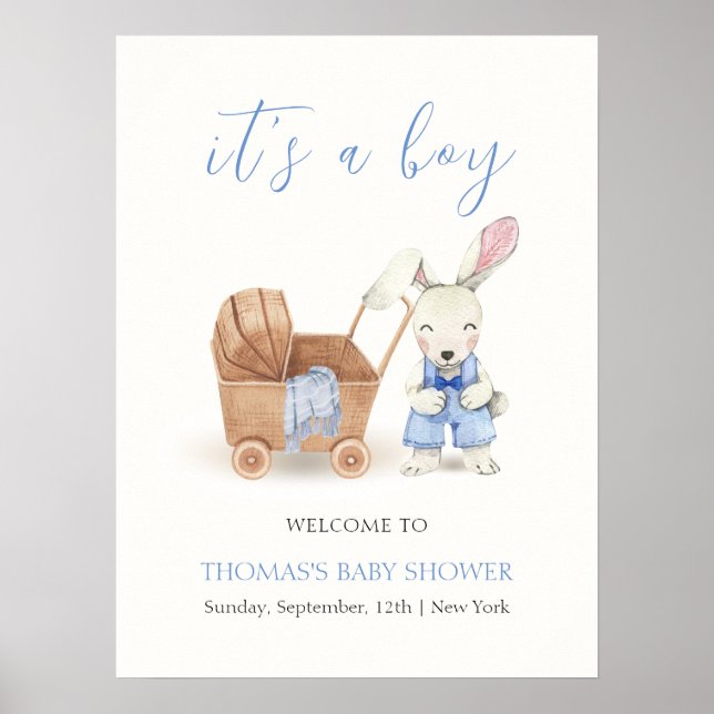 Boho vagga kanin pojke baby shower välkomstskylt poster (Framsidan)