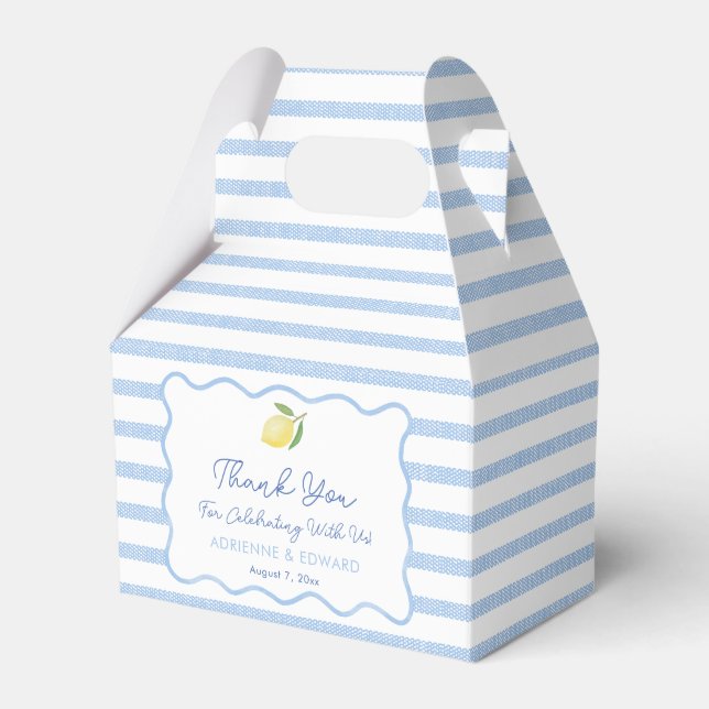 Boho Vågig Kant Blå Och Vit Kakel Citron Bröllop Presentaskar (Framsidan Sidan)