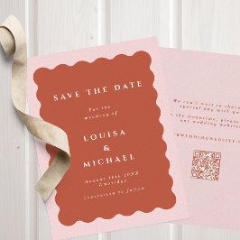 Boho Vågigt Terracotta och QR-kod Bröllop Spara Datumet