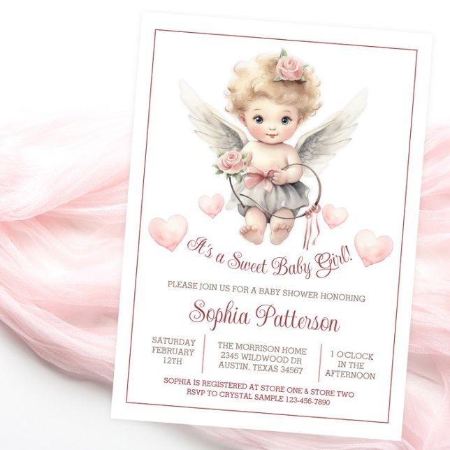 Boho Valentine Swehoney Cherub Baby Shower Inbjudningar (Sweet angel cherub baby shower invitation.)