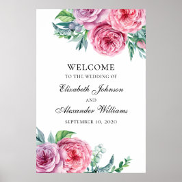 Boho välkomnar teckenutskrift. Bröllop rosa blommo Poster