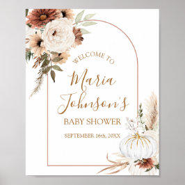 Boho välkomstskylt med vit pumpa och blommor poster