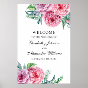 Boho välkomstskylt tryck. Bröllop rosa blommor Poster