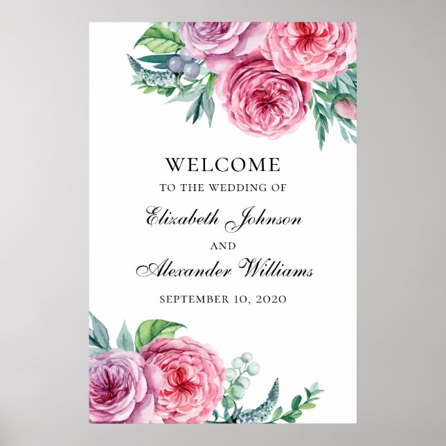 Boho välkomstskylt tryck. Bröllop rosa blommor Poster (Framsidan)