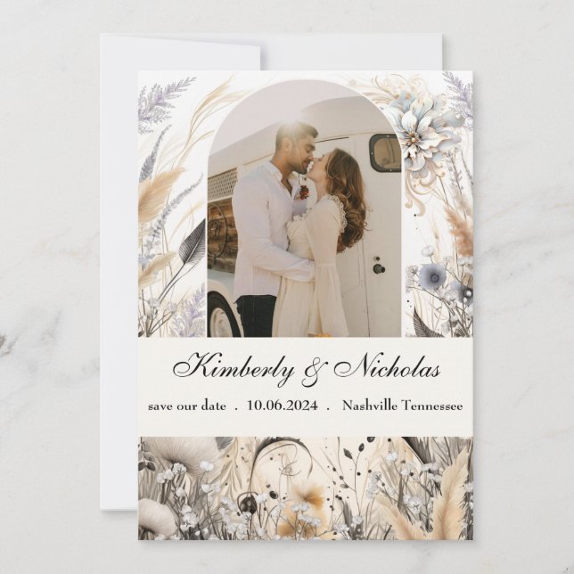 Boho Valmt Bågnad Jordnära Pampas Blommig Botanisk Spara Datumet (Framsida)