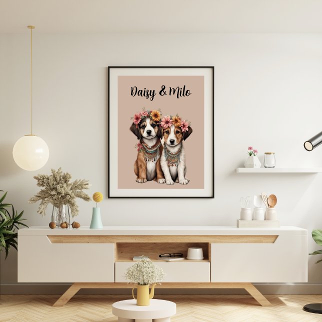 Boho Valpar med Blommor Affisch (Boho Puppies with Flowers Poster)