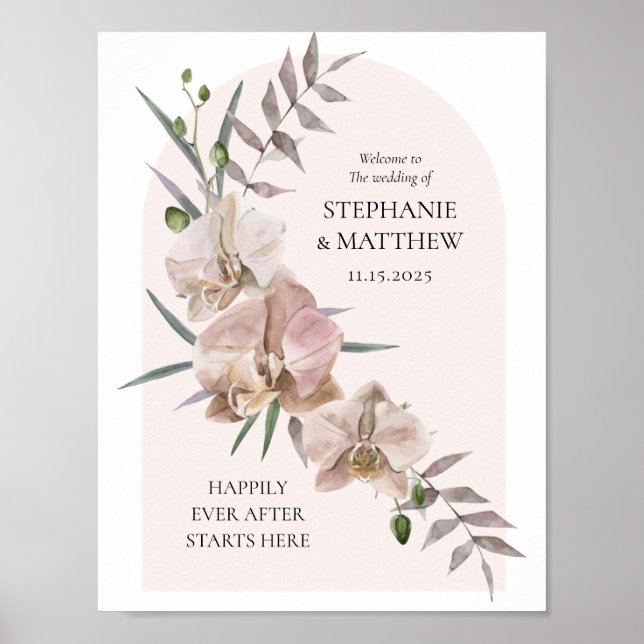Boho Valv Dammgröna Orkidéer Fladdrande Bröllopsaf Poster (Framsidan)