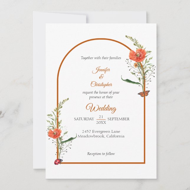 Boho Valvbåge Vildblomma Orange Bröllop Inbjudningar (Framsida)