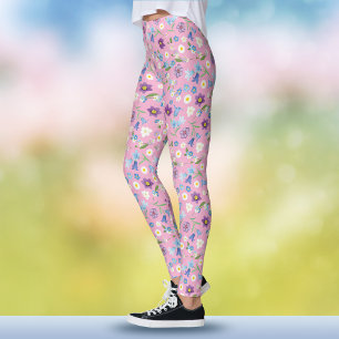 Boho vår blå och lila akvarell rosa blommig leggings