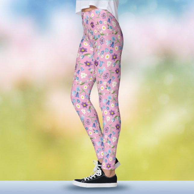 Boho vår blå och lila akvarell rosa blommig leggings (Boho Spring Blue and Purple Watercolor Pink Floral Leggings)