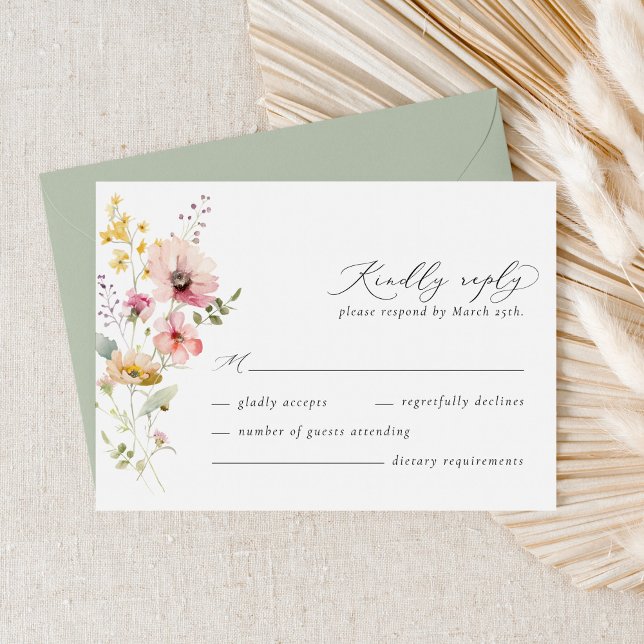 Boho vår Färgrik Vildblomma Bröllop RSVP-kort OSA Kort (Wildflower meadow wedding RSVP card with soft floral illustration and elegant calligraphy)