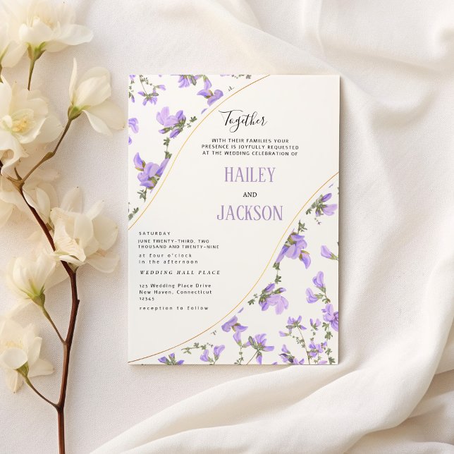 Boho vår lilac guld vildblomma blommigt bröllop inbjudningar (Boho spring lilac gold wildflower floral wedding )