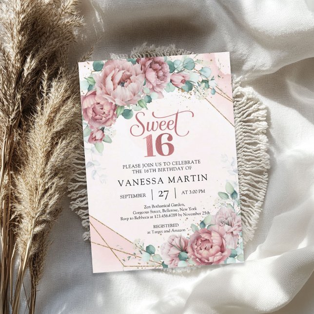 Boho vår ro guld  rosor eucalyptus guld inbjudningar (Boho spring rose gold blush roses eucalyptus gold invitation)