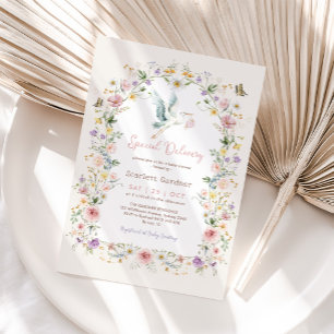 Boho vår vild blomster stork flicka baby shower inbjudningar