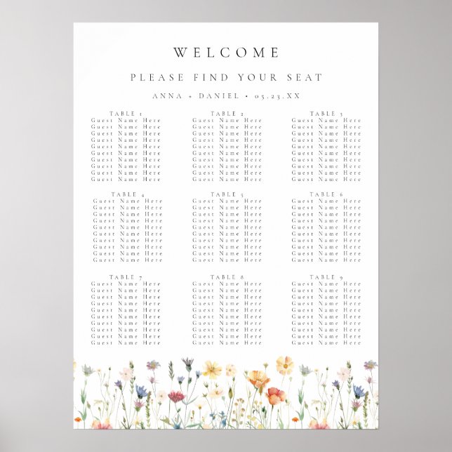 Boho Vår Vildblomma Bröllop Placeringsdiagram Poster (Framsidan)