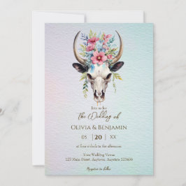 Boho Vår Watercolor Blommigt Cow Skull Bröllop Inbjudningar