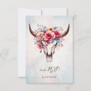 Boho Vår Watercolor Blommigt Cow Skull Bröllop OSA Kort