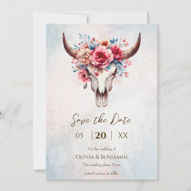 Boho Vår Watercolor Blommigt Cow Skull Bröllop Spara Datumet (Framsida)
