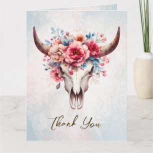 Boho Vår Watercolor Blommigt Cow Skull Bröllop Tack Kort