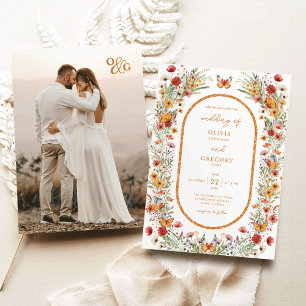 Boho Vår Watercolor Wildblommor Photo Bröllop Inbjudningar