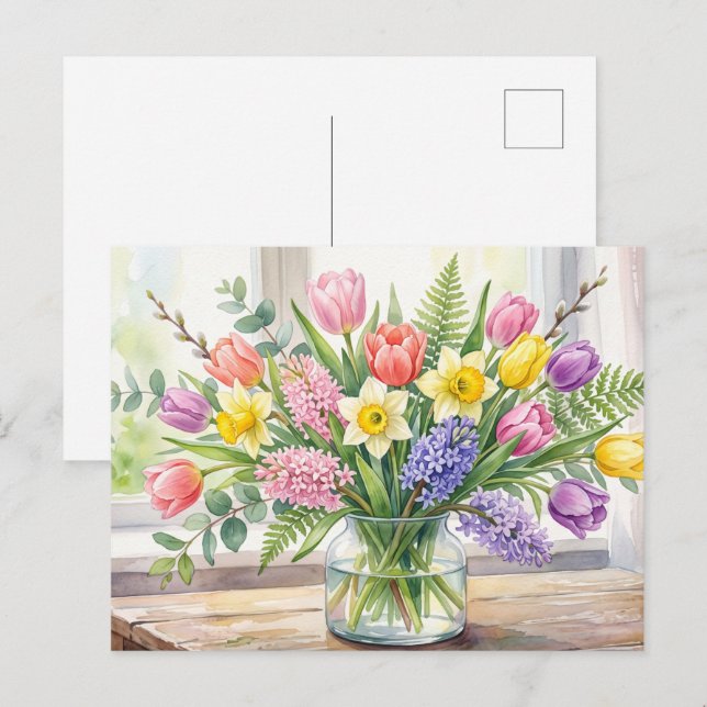 Boho vårblommor i akvarell vykort (Fram/baksida)