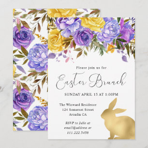 Boho vårblommor och gyllene kaniner påskbrunch inbjudningar