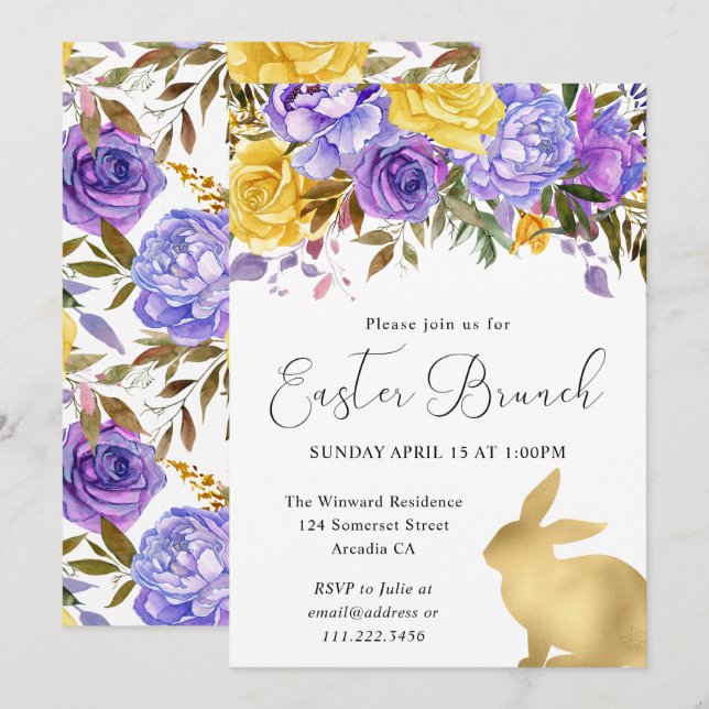 Boho vårblommor och gyllene kaniner påskbrunch inbjudningar (Fram/baksida)