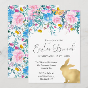 Boho vårblommor och gyllene kaniner påskbrunch inbjudningar