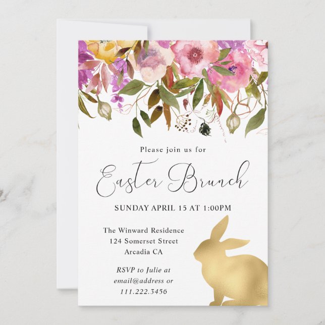 Boho vårblommor och gyllene kaniner påskbrunch inbjudningar (Framsida)