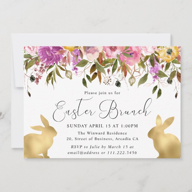 Boho vårblommor och gyllene kaniner påskbrunch inbjudningar (Framsida)