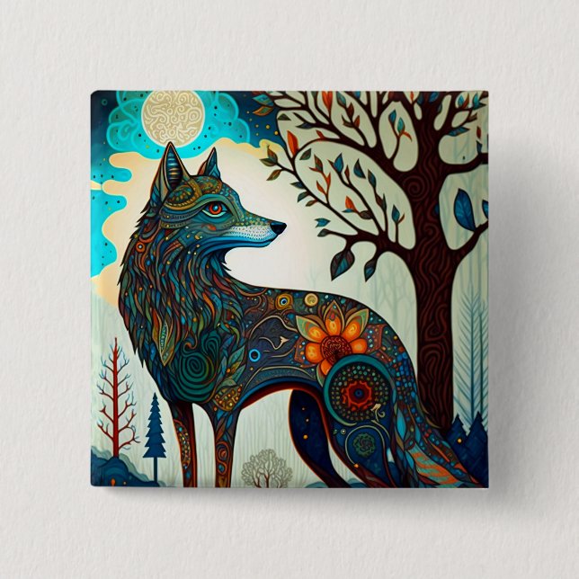 Boho Varg Surreal Wildlife Art Button Knapp (Framsida)