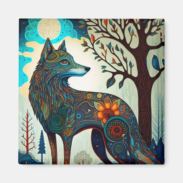 Boho Varg Surreal Wildlife Art Button Magnet (Framsidan)