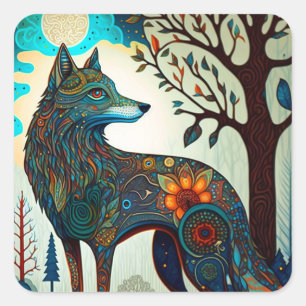 Boho Varg Surreal Wildlife Art Square Sticker Fyrkantigt Klistermärke