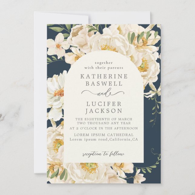 Boho vattencolor blommigt folie Navy Blue Bröllop Inbjudningar (Framsida)