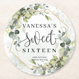Boho vattencolor eucalyptus guld 16:e födelsedag underlägg papper rund