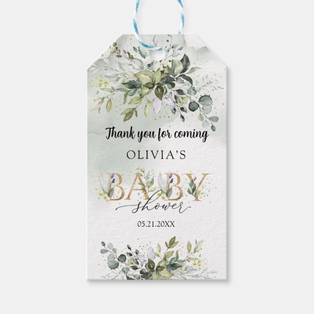 Boho vattencolor greenery guld brev Baby Shower Presentetikett (Framsidan)